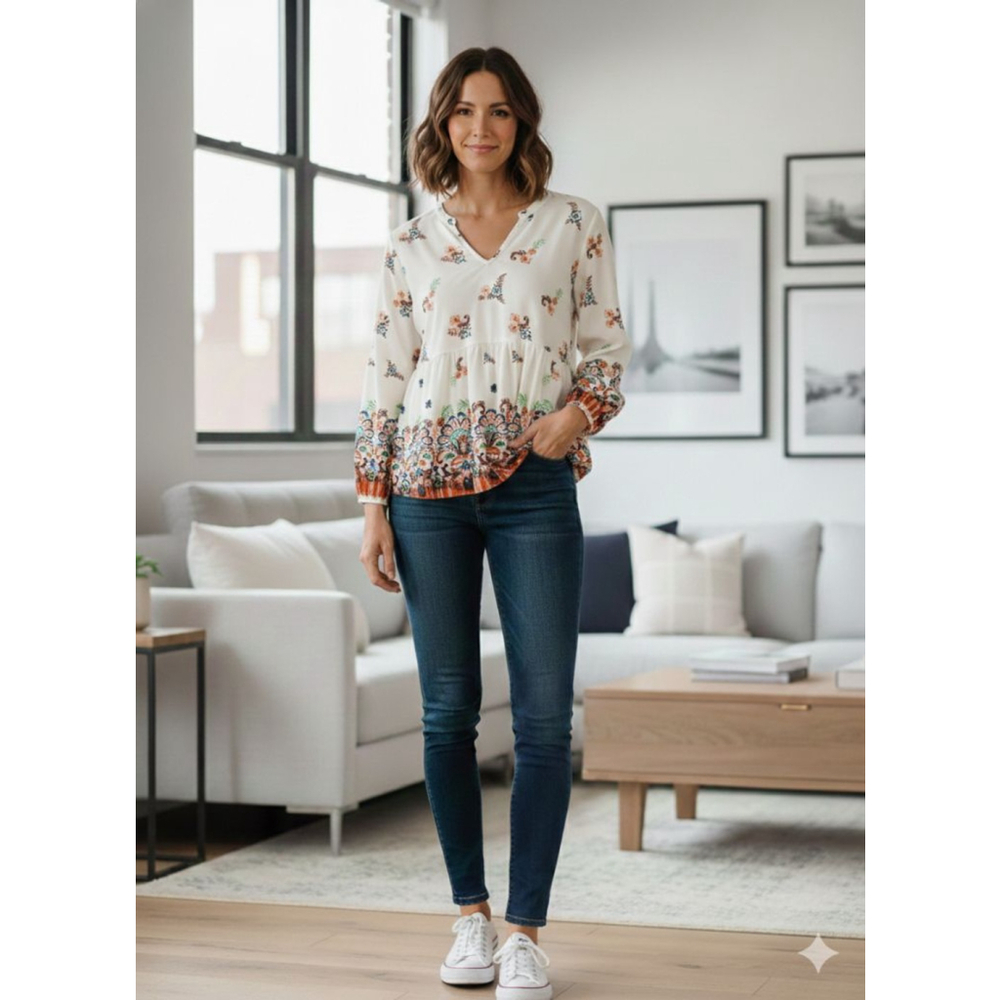 White Birch White Multicolor Floral Tunic Top M cottage core bloomcore